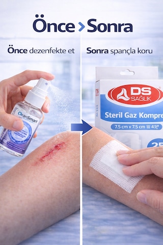 Ds Sağlık Sterilgaz Kompres 7,5 7,5 Cm 25 Adet + Cleansmart 50 Ml Dezenfektan Sprey Yara Bakım Seti