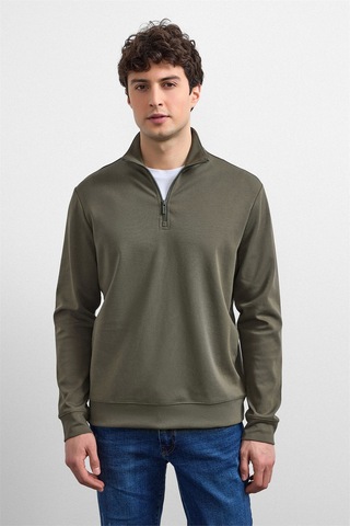 Backandbond Haki Regular Fit Yarım Fermuarlı Sweatshirt