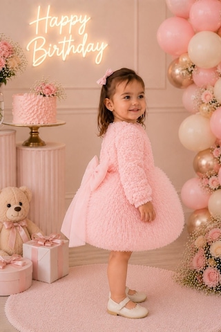 Cantoy Kız Bebek 3d Çiçek Aplikeli Tüllü Tütülü Prenses Elbise Uzun Kollu Doğum Günü Elbisesi Pembe