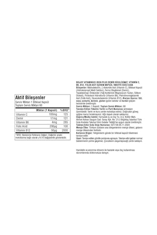 Iron Plus Demir Takviyesi Demir Bisglisinat,c Vitamini,folik Asit İçeren 60 Kapsül