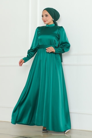 Kuşaklı Saten Abiye 1136 - Zümrüt Yeşili