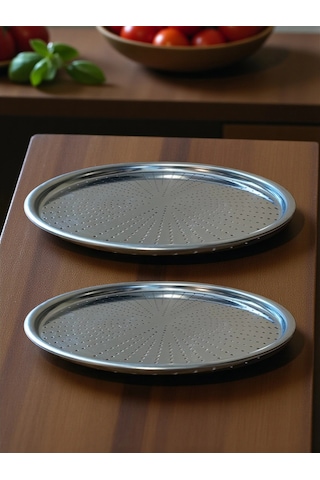 Paslanmaz Çelik Delikli Pizza Fırın Tepsisi Lahmacun Fırın Tepsisi 2'li Set 32 36 Cm Çok Renkli