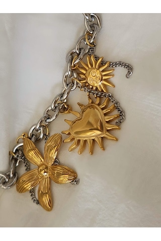 Çiçek Kalp Güneş Çocuk Charmlı Halat Zincir Model Bileklik Gold