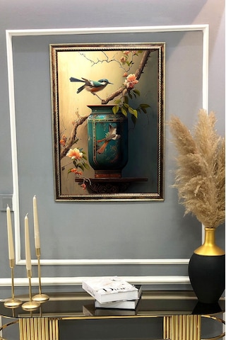 Dekoratif Kuş Desenli Dijital Baskılı Kadife Kumaş Çerçeveli Tablo Tbl0029