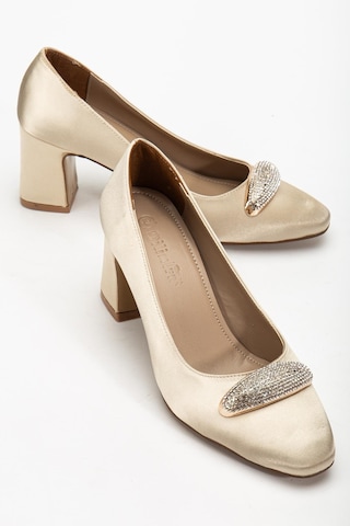 Kadın Siletto Topuklu Ayakkabı Gold Saten Taşlı Kalın Topuklu-4167 Gold Parlak