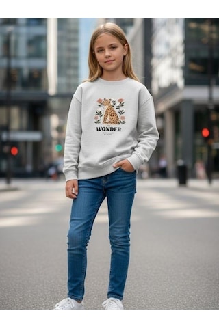 Kız Çocuk Leopar Desenli Sweatshirt-16344 Mavi