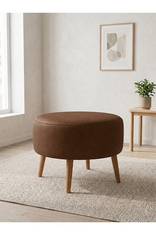 Modern Acı Kahve Deri Puf Yuvarlak Oturma Pufu Ahşap Ceviz Ayaklı Demonte 60x46 Cm Kahverengi
