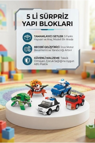 Sürpriz Yumurta 5'li Set Dinozor Ve Araç Figürlü Yapı Blokları Eğitici Öğretici Parçalı Oyuncak