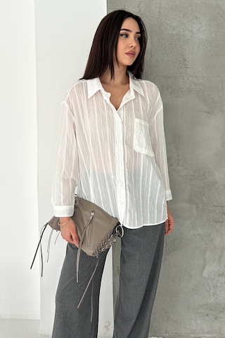 Sim Detaylı Kırışık Görünüm Oversize Gömlek Breeze Beyaz