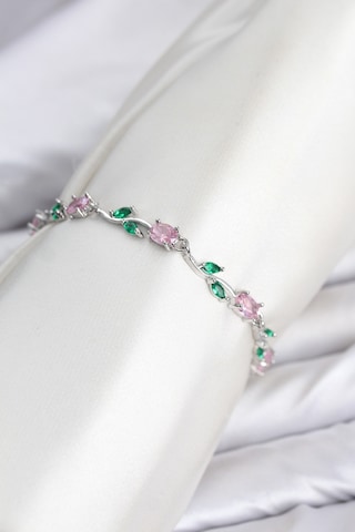 Pirinç Gümüş Renk Pembe Zirkon Taşlı Çiçek Model Kadın Bileklik Açık Mavi
