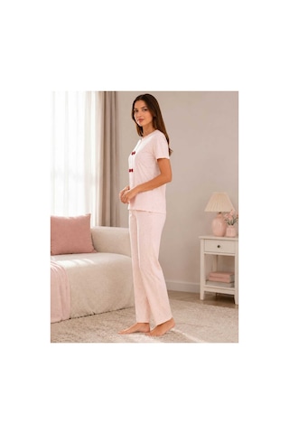 Pijamask Kadın Pudra Pembe Baskılı Kısa Kollu Pijama Takımı Açık Pembe