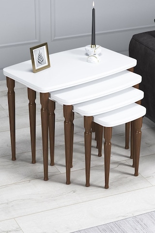 Imaj Mdf Ve Lake Boya, Beyaz 4lü Zigon Sehpa Takımı, Ceviz Gürgen Ayaklar Beyaz