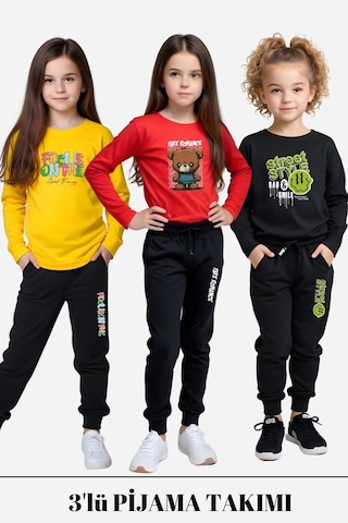 Fyk Kids 3'lü Kız Çocuk Baskılı Bel Detayı Lastikli Alt-üst Pijama Takımı Çok Renkli