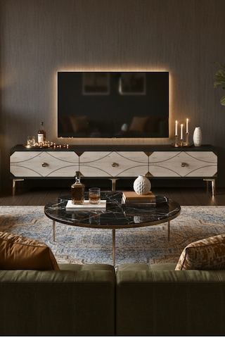 Tsa1897atg - Alfa Tsa180 Tv Stand, Tv Sehpası Ve Tv Ünitesi Antrasit - Traverten - Gold 180cm