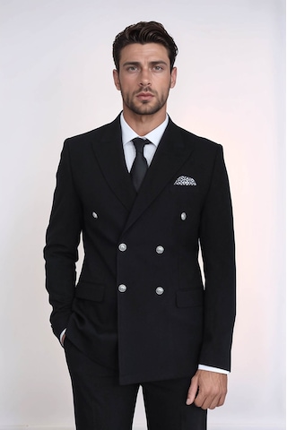Gümüş Düğmeli Slim Fit Kruvaze Siyah Erkek Takım Elbise Wessi Siyah