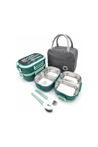 Valkyrie 304 Çelik Bölmeli Lunch Box Seti Termal Çantalı, Bölmeli, Çatal Kaşıklı, Sızdırmaz Yemek Kabı Su Yeşili Yeşil