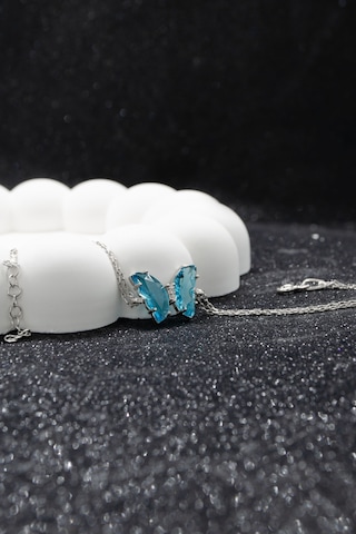 Turkuaz Mavisi Kelebek Özel Taşlı 925 Ayar Gümüş Ayarlanabilir Bileklik - Gümüş