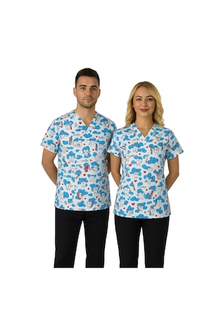 Unisex Beyaz Diş Desenli Diş Hekimi, Diş Doktoru, Diş Teknisyeni Scrubs Üniforma Takım Beyaz - Siyah