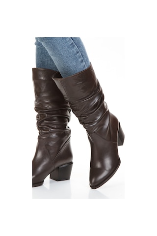 Hakiki Deri İçi Tay Tüyü Astarlı Büzgülü Körüklü Kahverengi Çizme Kahverengi