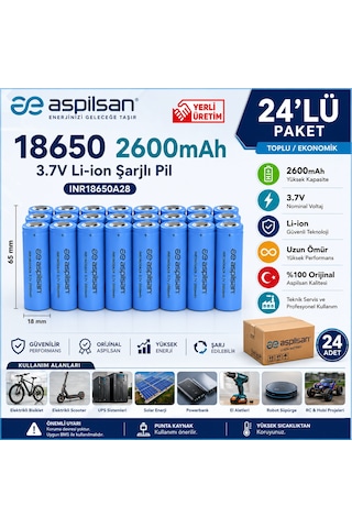 Aspilsan 18650 2600mah 3.7v Li-ion Şarjlı Pil 24'lü Paket Inr18650a28 Lityum İyon Batarya E-bisiklet, Scooter, Ups, Solar Ve Powerbank İçin