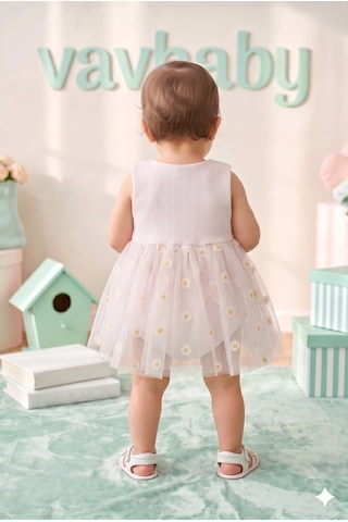 Kız Bebek Papatya Kabartma Desenli Çıtçıtlı Badi Zıbın Tütü Elbise-beyaz