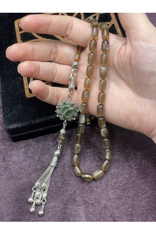 Alpaka Mineli Madalyonlu Sedef Simli Ateş Kehribar Tesbih Kahve Tonları, 7x11 Mm Kahverengi