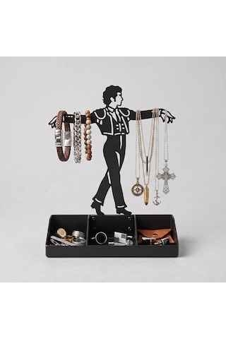Mens Jewelry Stand & Organizer Flamenco Dancer Valet Tray For Cufflinks, Rings, Watches Black Metal Desk Accessory Gift For Hi Siyah