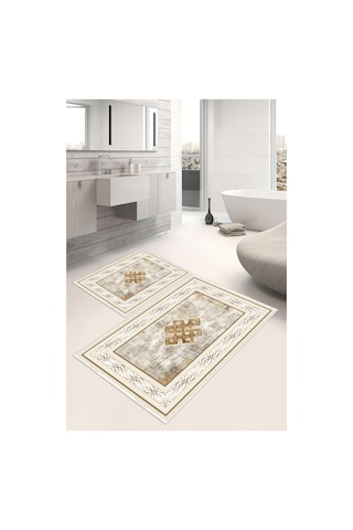 Dijital Baskı Klasik Kaymaz Taban 2li Set Banyo Paspası Klozet Takımı 50x60cm-60x100cm Krem