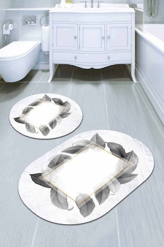 Beyaz Yaprak Temalı Oval Banyo Klozet Paspas Seti Bs092n11