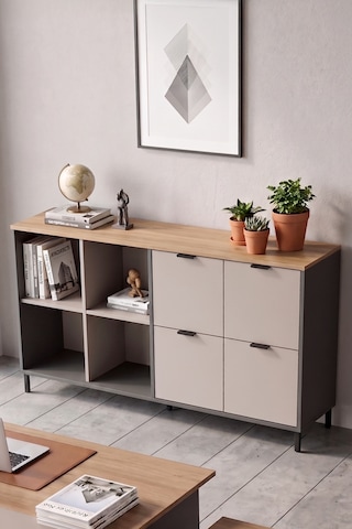 Robin Home Nexus 147x35 Cm Ofis Dolabı Klasör Dolabı Konsol Çok Amaçlı Dolap Metal Ayaklı Sepet-kumsal-antrasit Kahverengi