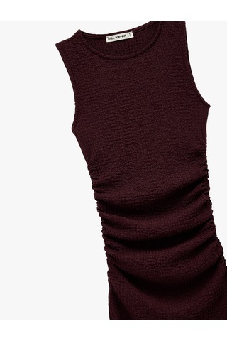 Koton Drape Detaylı Kolsuz Dokulu Bisiklet Yaka Slim Fit Uzun Elbise Bordo 6wal80040ık Bordo