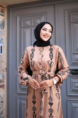Hira Life Fashion Kadın Tesettür Geometrik Desen Önü Düğmeli Ve Bel Kuşaklı Viskon Elbise Vizon Vizon
