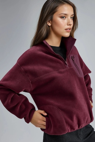 Hiccup Busem Fermuarlı Yakalı Peluş Örme Sweatshirt, Cepli Bordo Kırmızı