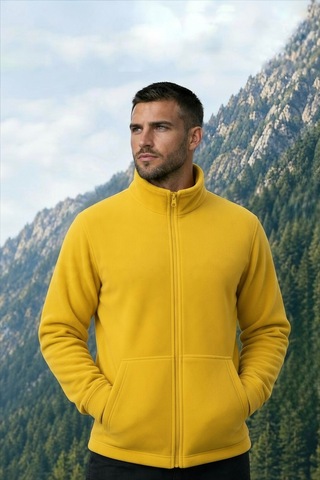 Givoria Erkek Polar Hırka Kışlık Fermuarlı Çeket Tüy Toplamaz Rüzgar Geçirmez Polar Kazak Sweat Sarı Sarı