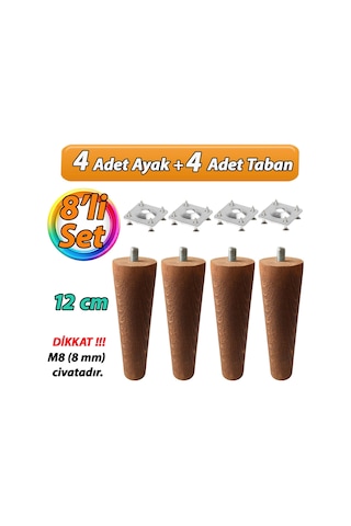 Ahşap Ayak 12 Cm 8'li Set Koyu Meşe M8 Civatalı Bağlantı Aparatlı Dolap Mobilya Koltuk Kanepe Destek Ayağı Ayakları Koyu Meşe