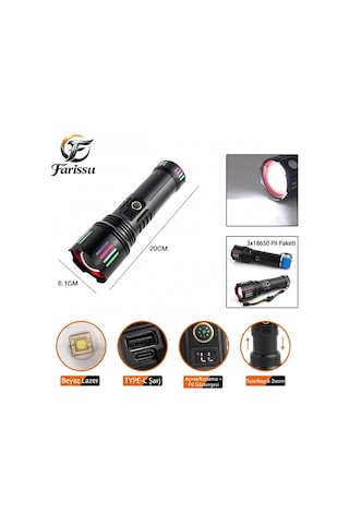 R517 200w Beyaz Lazer El Feneri + Yedek 9000mah Batarya Hediye - 6000 Lümen Siyah