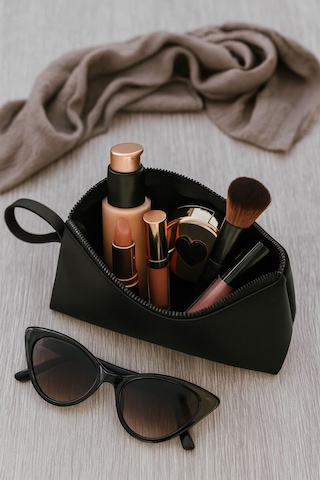 Siyah Deri Makyaj Çantası Kozmetik Seyahat Valizi Çanta Organizeri Orta Boy Düzenleyici Siyah