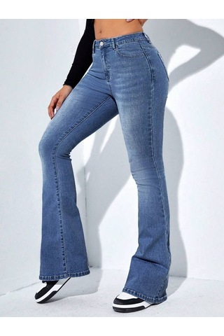 Soonaksesuar Kadın Yüksek Bel Cepli İspanyol Paçalı Kot Jeans Pantolon Mavi