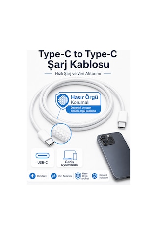 Type-c To Type-c Hızlı Şarj Data Kablosu - 1 Metre - Hasır Örgü - Type-c Tüm Cihazlarla Uyumlu