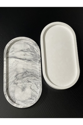 2'li Dekoratif Oval Sunumluk Seti, Dekoratif Biblo Takı Tabağı, Saksılık,tütsülük,mumluk - Krem-mermer Desenli