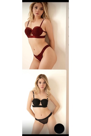 Trend Dokunuş Kadın 2'li Bordo-siyah İstiridye Model Saten Şeritli Tül Detaylı Dolgulu Sütyen Külot İç Çamaşırı Takımı Bordo - Siyah