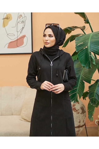 Neways 6463-denim Kapşonlu Ferace Siyah