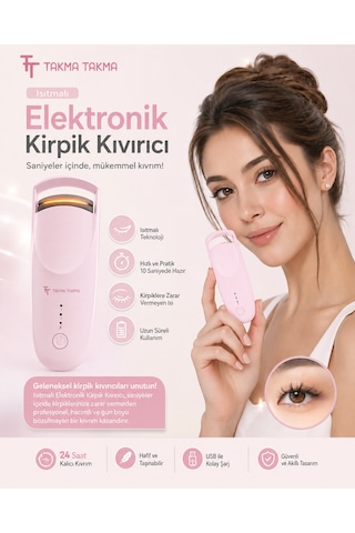 Ekcp - Ekcp Elektrikli Kirpik Kıvırma Cihazı Pembe - 10'lu Tekrar Kullanılabilir El Yapımı Protez Takma Tırnak