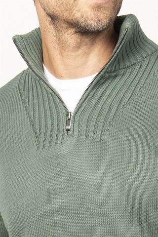 Tudors Slim Fit Dar Kesim Dik Yaka Fermuarlı Erkek Kazak-26349 Yeşil