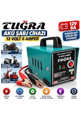 Tuğra 12v 6a Akü Şarj Cihazı Kurşun Asit Aküler İçin Motosiklet Elektrikli Bisiklet Ve Moped Akü Şarj Aleti