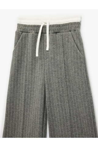 Koton Beli Bağlamalı Bol Paça Çizgili Pantolon Gri Çizgili 6skg40076ak Gri