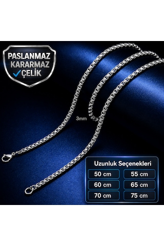 Farklı Ölçü Seçenekleri İle / 3mm Kararmaz Paslanmaz Çelik Box Erkek Zincir Kolye