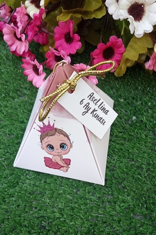 30 Adet Gold İpli Pembeli Kız Piramit Kutu - 6 Ay Kınası - Lokum