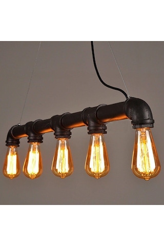 Endüstriyel Malzeme Demir Boru Sarı Ampulden, Rustik Avizel Siyah