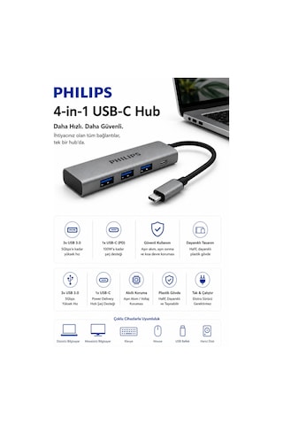 Philips SWR5041/00 USB-C 4'ü 1 Arada USB 3.0 Hub, 3x USB-A + 1x USB-C, 5Gbps Veri Aktarımı, Plastik Gövde